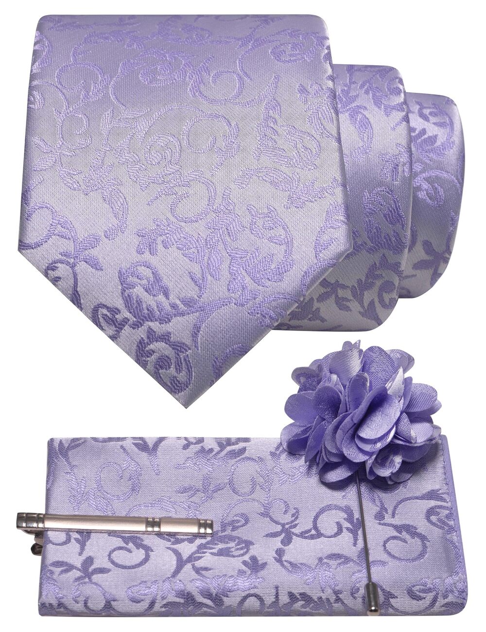3136 Lavender Floral Tie and Lapel Pin Necktie Pocket Square and Tie Clip